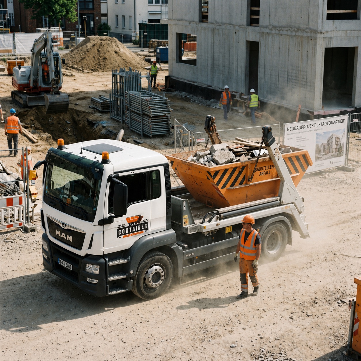 Weißer LKW mit dem Logo „Die Container Profis“ und einer orangefarbenen Absetzmulde mit Betonbrocken und Brettern auf einer Baustelle
