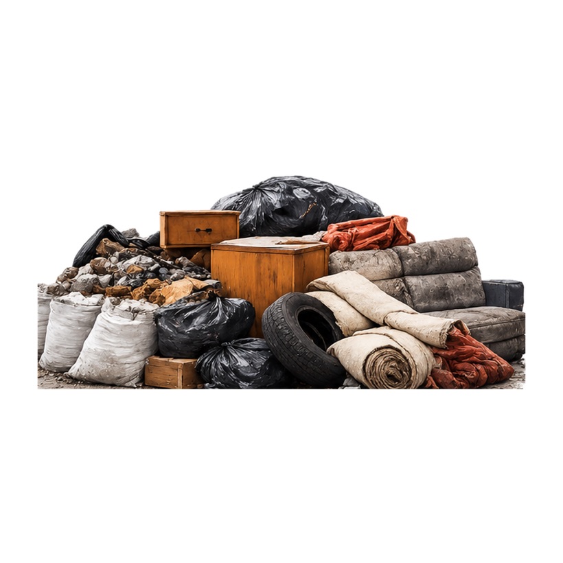Haufen Sperrmüll mit Holzschränkchen, altem Sofa, aufgerollten Teppichen und Müllsäcken